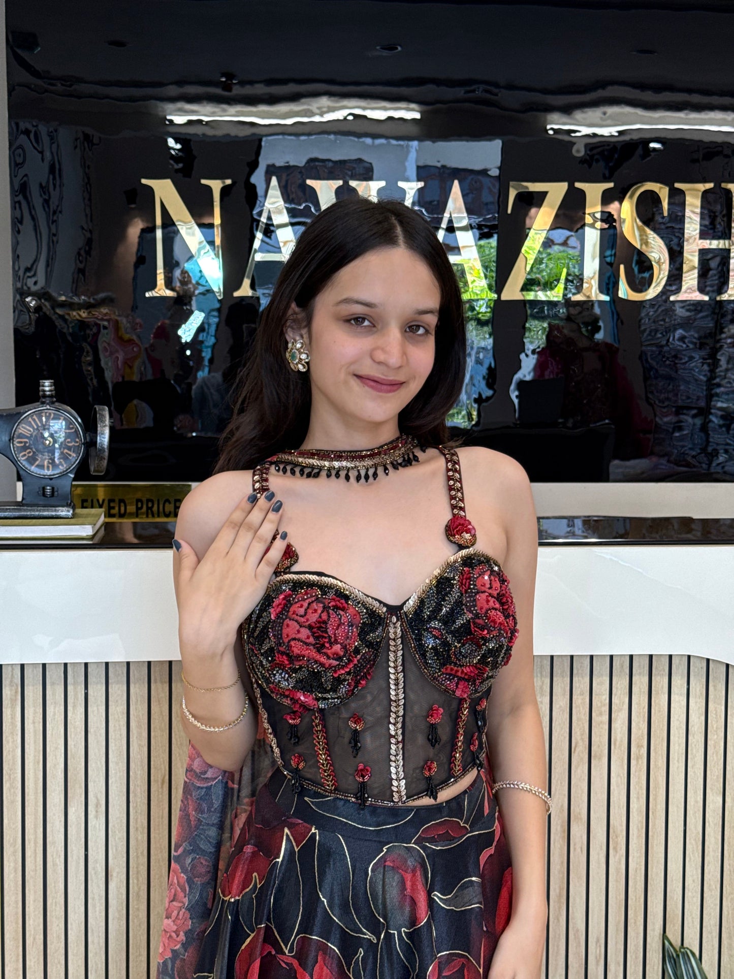 Black Crop Top with Lycra Skirt Set with Forbidden Roses