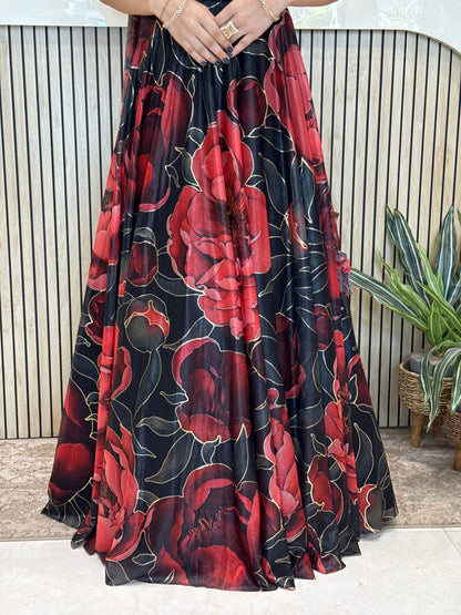 Black Crop Top with Lycra Skirt Set with Forbidden Roses