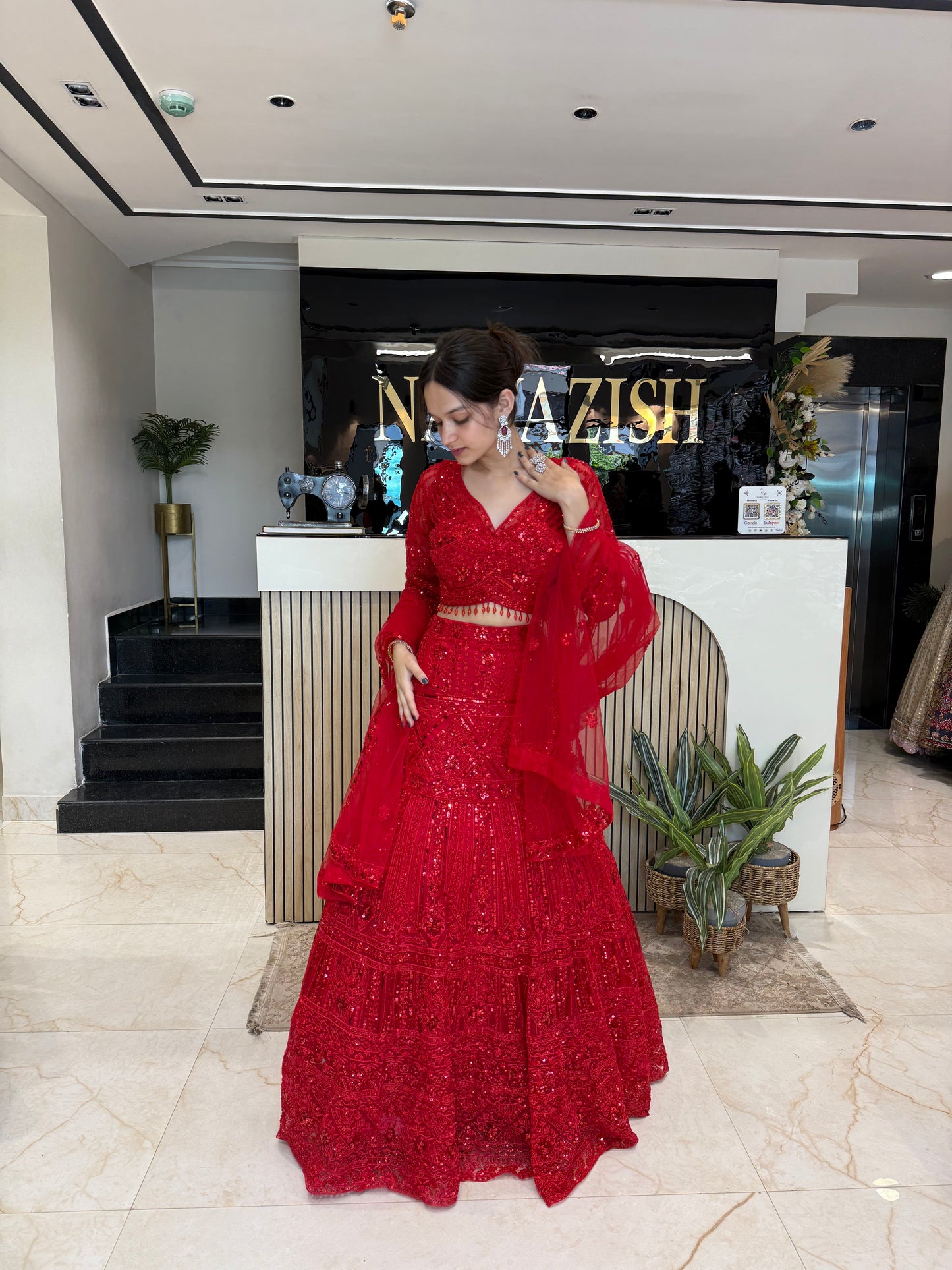 Red Net Fish Cut Lehenga