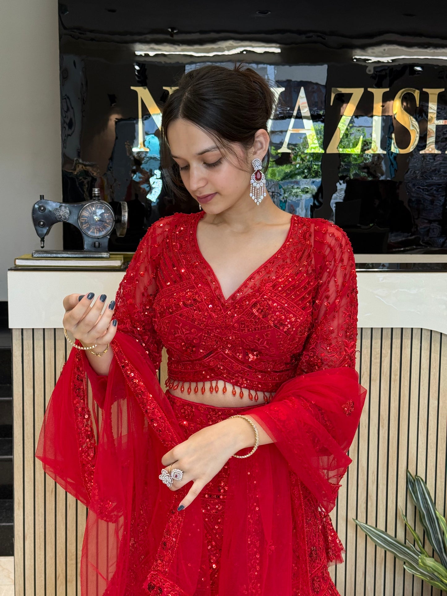 Red Net Fish Cut Lehenga