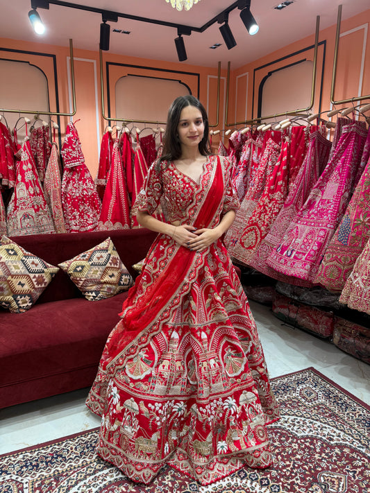 Red Raw Silk Bridal Lehenga
Zari Dabka Work Bridal Lehenga
Heavy Embroidered Wedding Lehenga
Designer Bridal Lehenga with Two Dupattas
Katdana Sequins Bridal Lehenga India