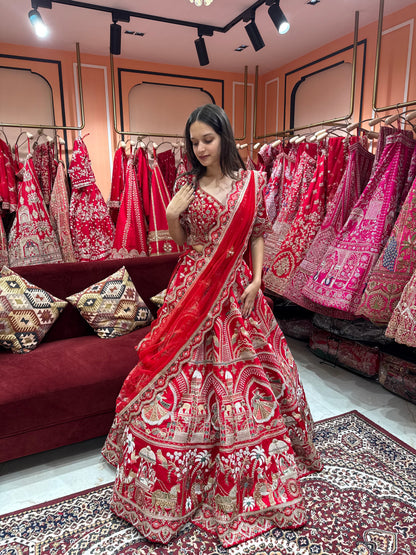 Royal Red Raw Silk Bridal Lehenga with Zari, Dabka & Katdana Work
