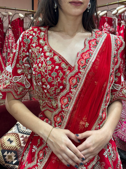 Royal Red Raw Silk Bridal Lehenga with Zari, Dabka & Katdana Work