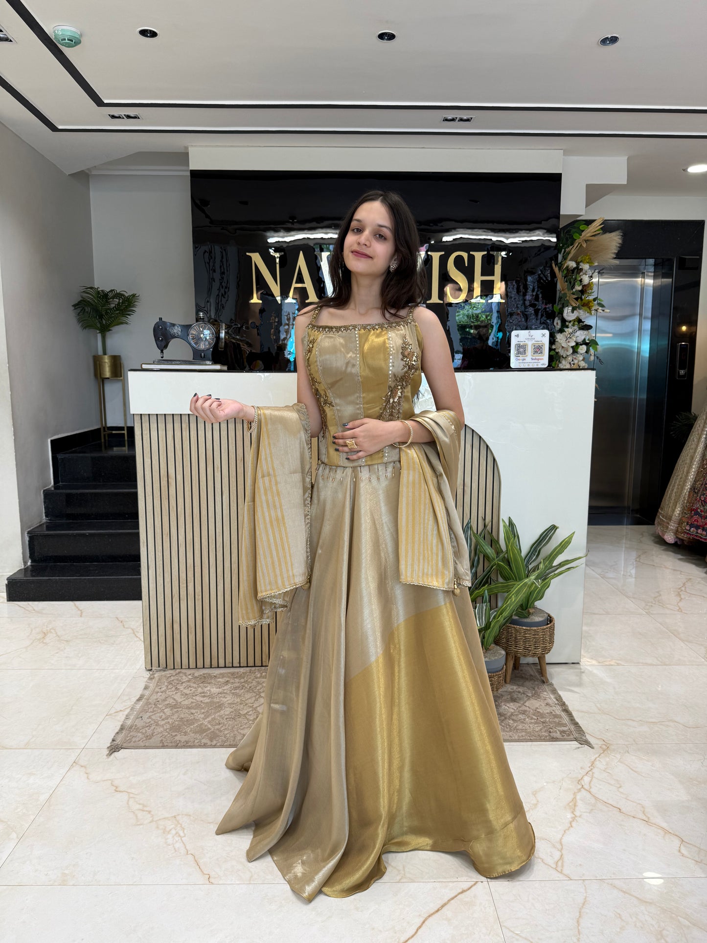 Gold Indo Western Crop Top Set
Tissue Fabric Party Wear Outfit
Katdana Dabka Work Lehenga Style Set
Designer Crop Top Skirt for Wedding
Sequin Embroidered Indo Western Dress