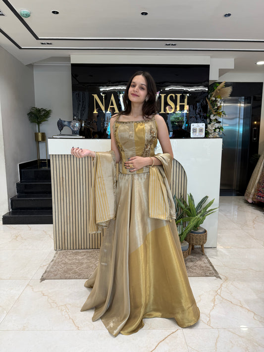 Gold Indo Western Crop Top Set
Tissue Fabric Party Wear Outfit
Katdana Dabka Work Lehenga Style Set
Designer Crop Top Skirt for Wedding
Sequin Embroidered Indo Western Dress