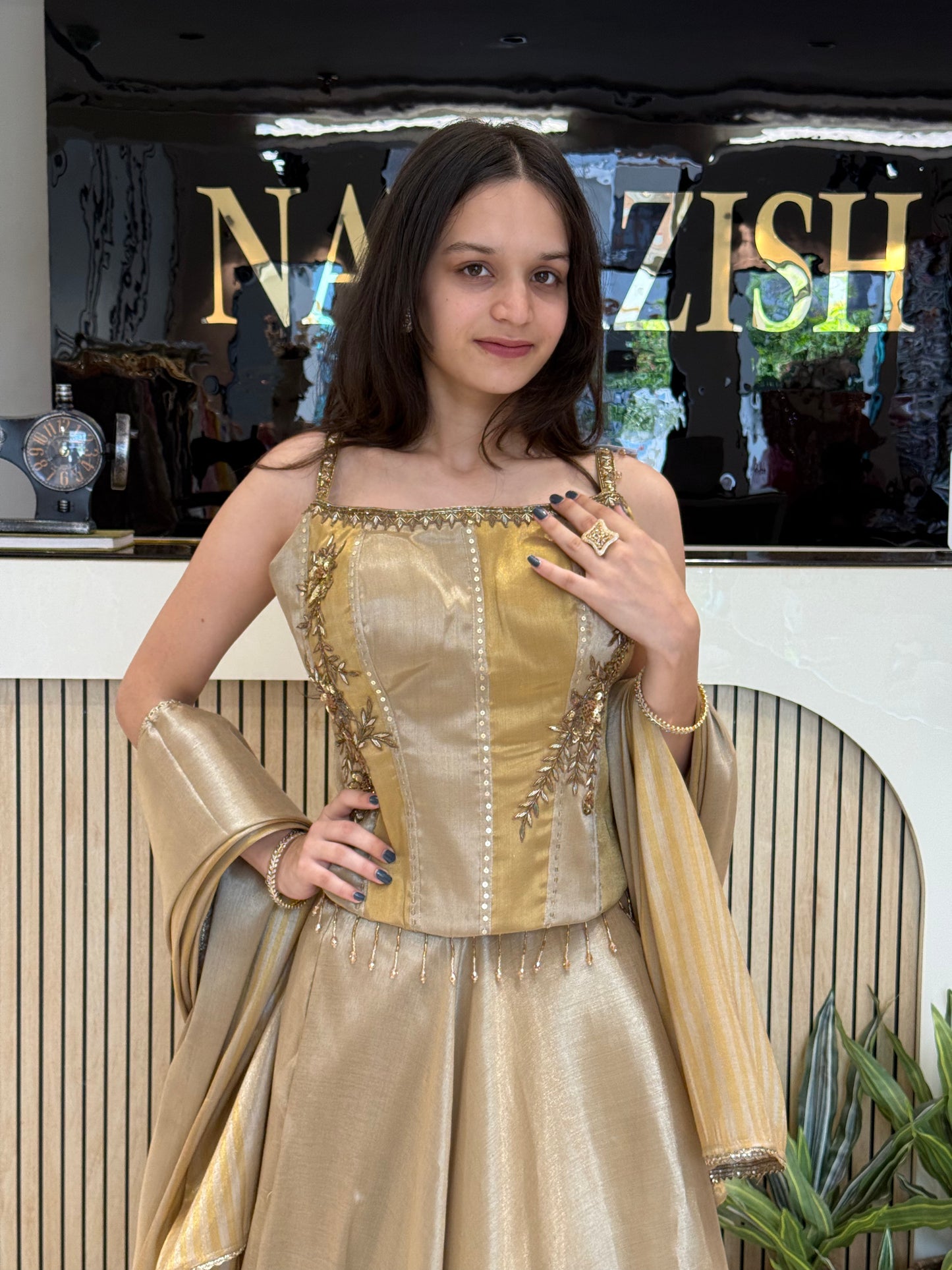 Golden Embroidered Crop Top with Flared Skirt Set