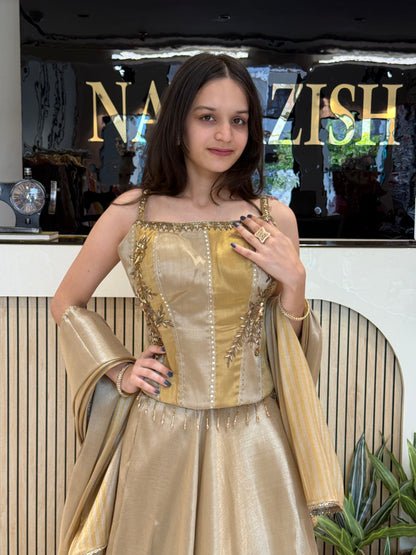 Golden Embroidered Crop Top with Flared Skirt Set