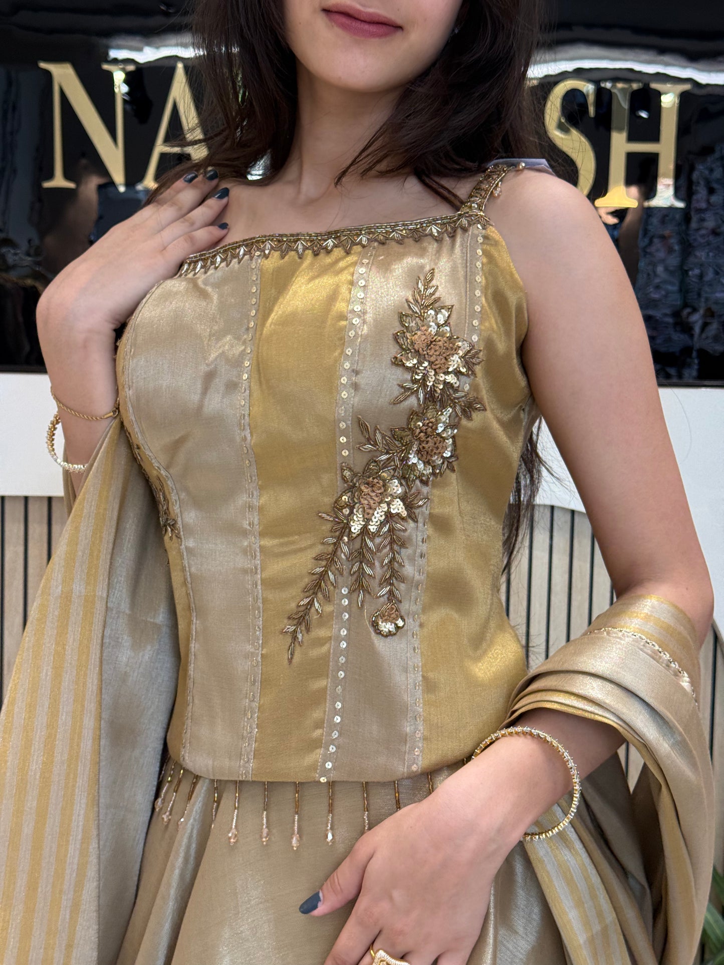 Golden Embroidered Crop Top with Flared Skirt Set