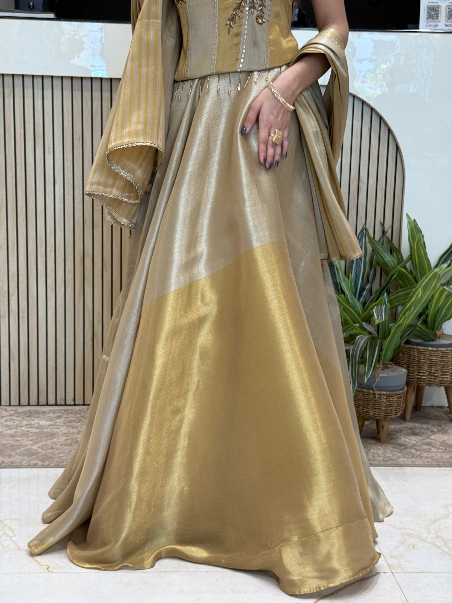 Golden Embroidered Crop Top with Flared Skirt Set