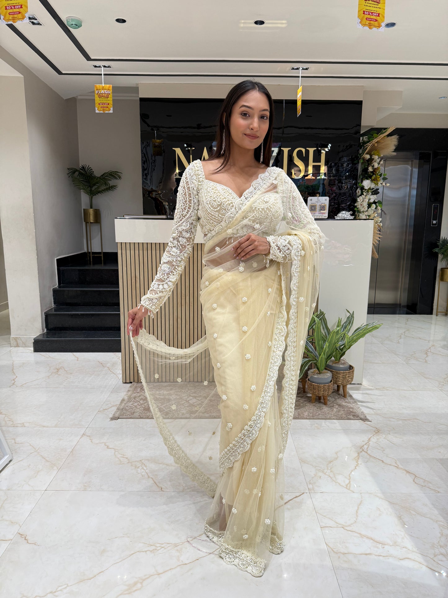 Off_white Saree with Readymade Blouse