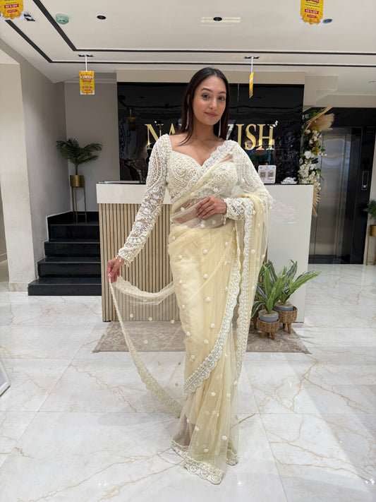 Off_white Saree with Readymade Blouse