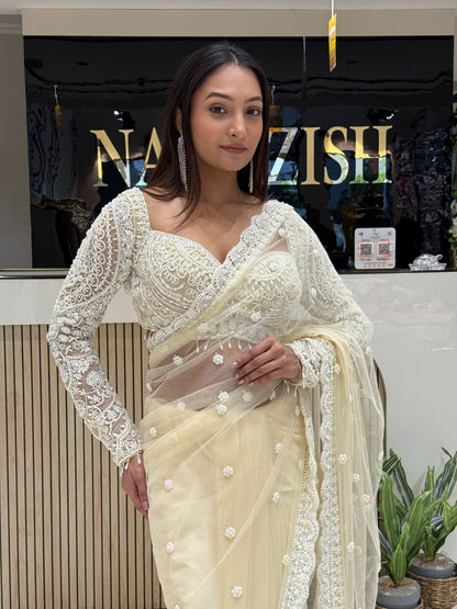 Off_white Saree with Readymade Blouse