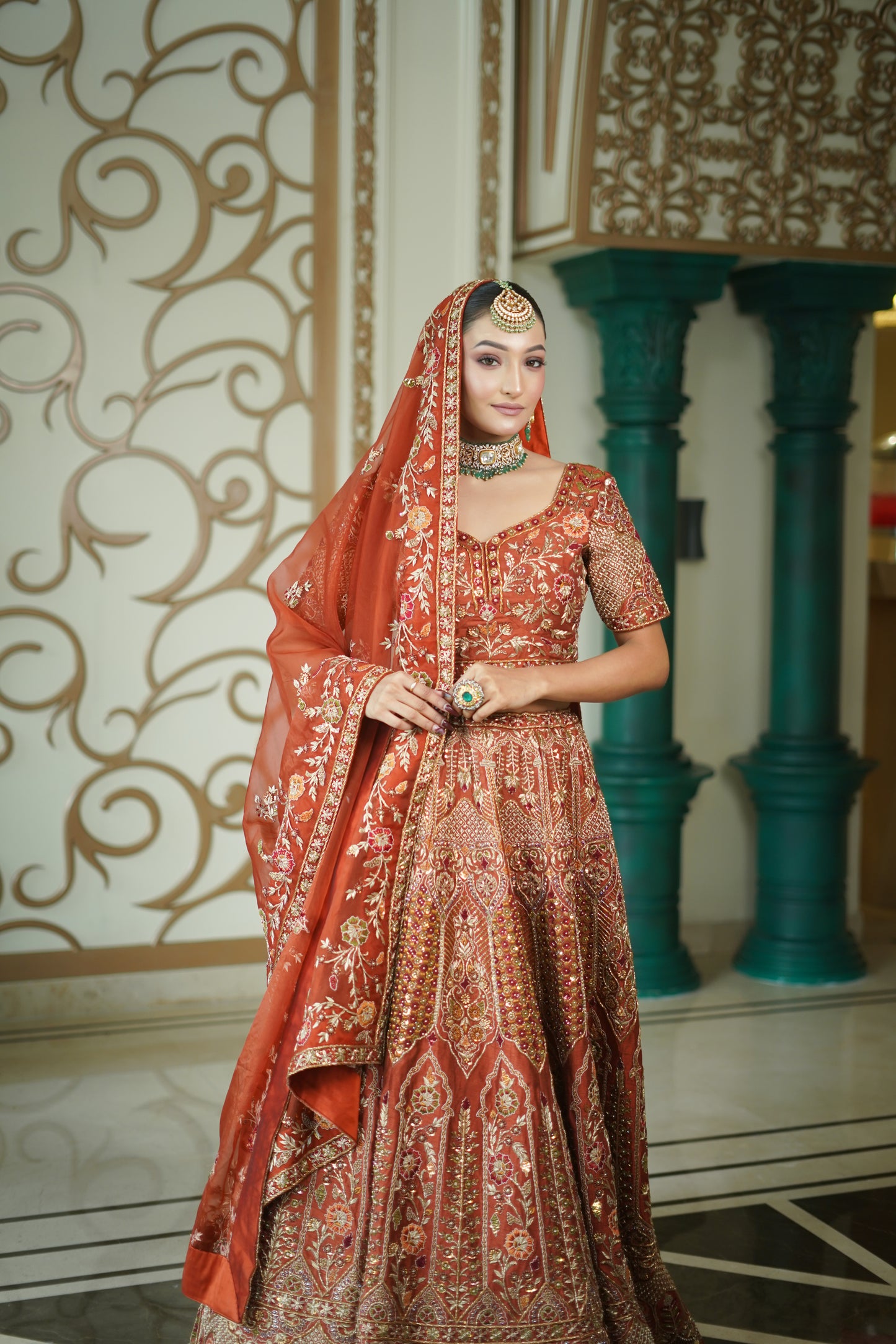 Rust Raw Silk Lehenga with Intricate Hand Embroidery