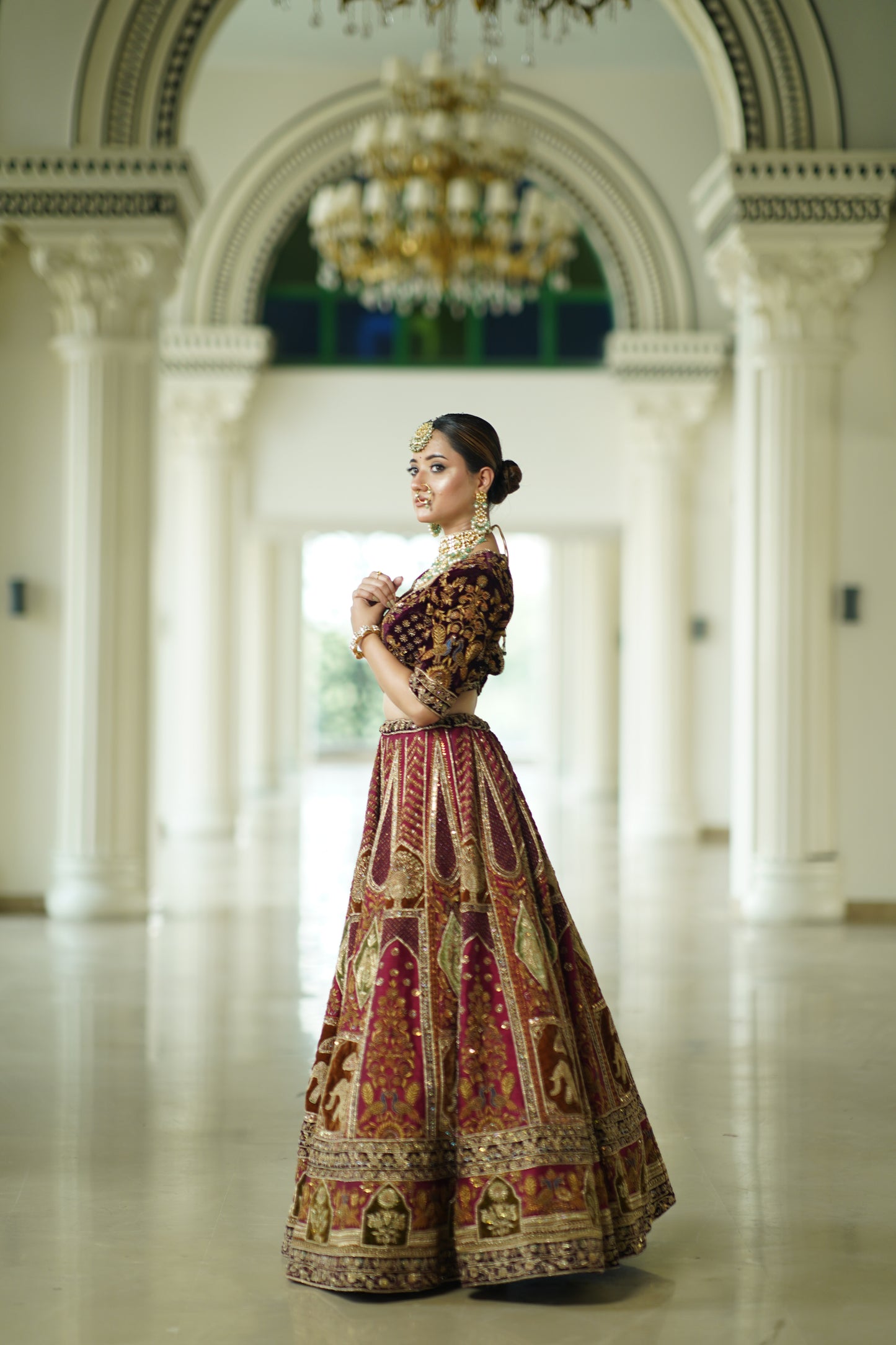 Maroon 3D Lehenga in Raw Silk & Tissue Blend
