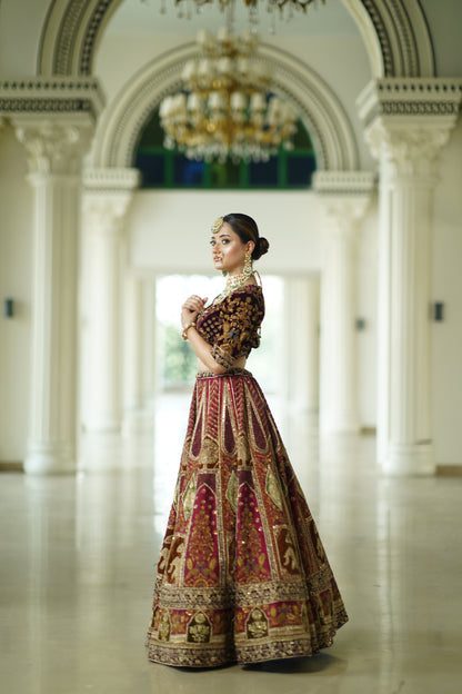 Maroon 3D Lehenga in Raw Silk & Tissue Blend