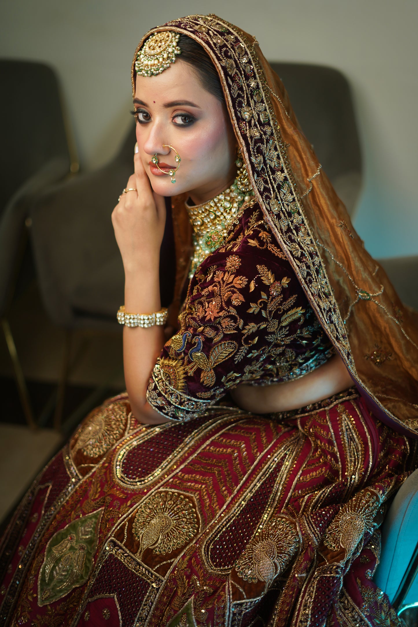 Maroon 3D Lehenga in Raw Silk & Tissue Blend