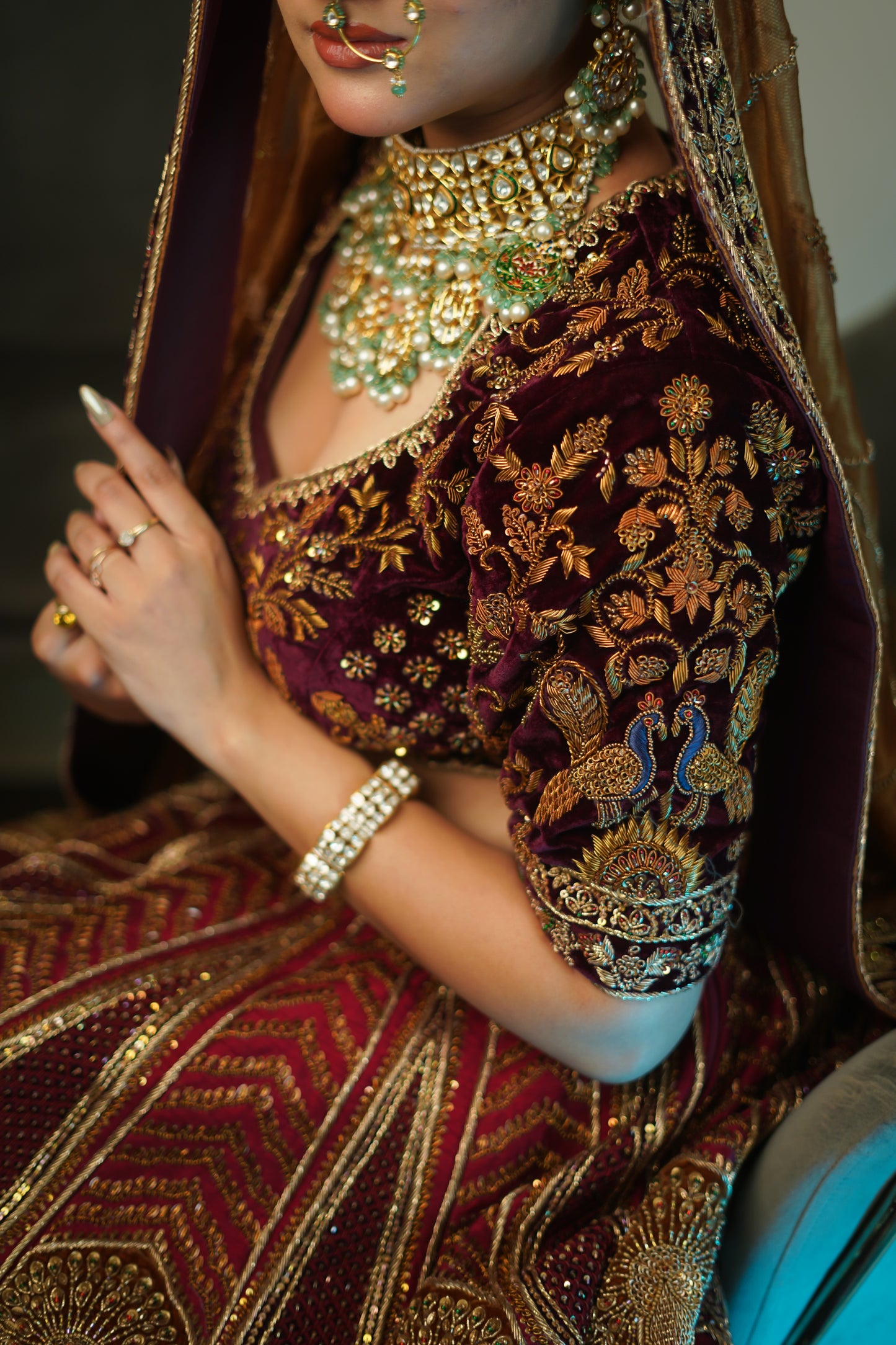 Maroon 3D Lehenga in Raw Silk & Tissue Blend