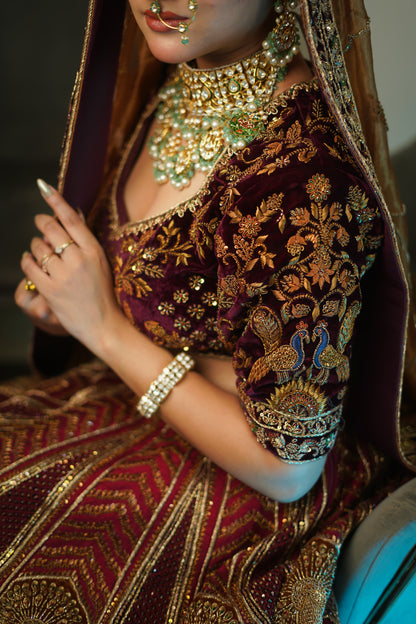 Maroon 3D Lehenga in Raw Silk & Tissue Blend