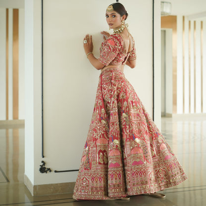 Rust Raw Silk Lehenga with Baraat Motifs