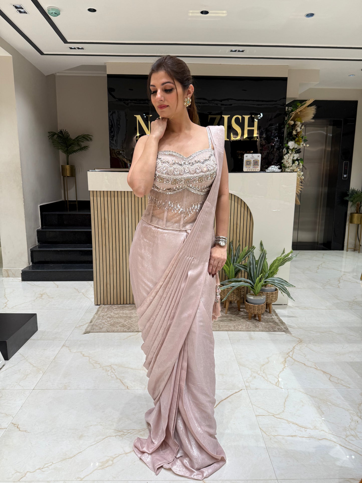 Glamorous Rose Gold Drape Saree with Sequence Kartdana Work