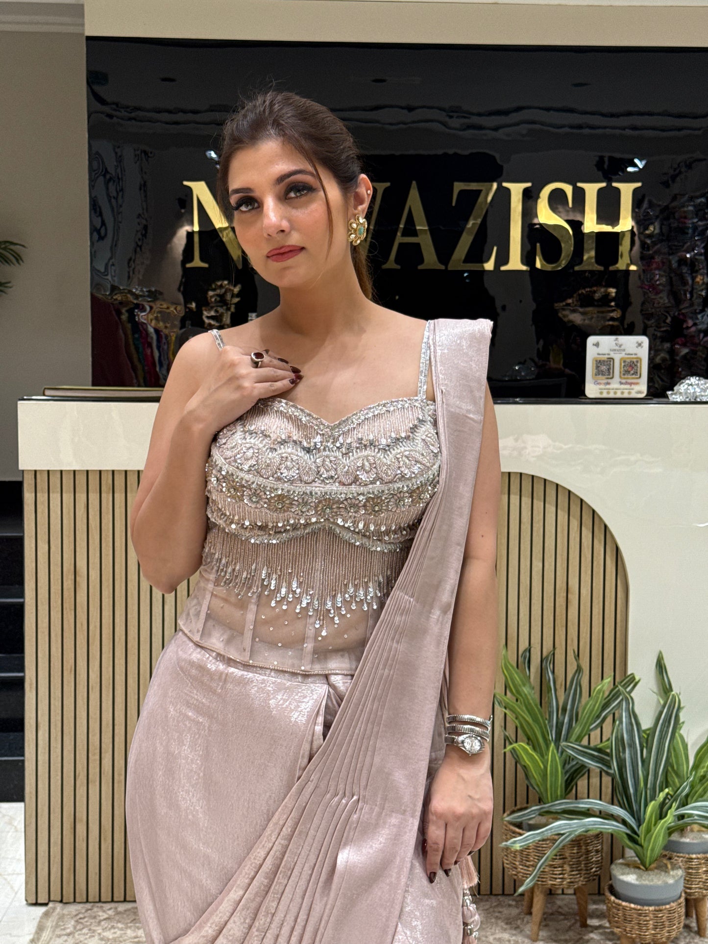 Glamorous Rose Gold Drape Saree with Sequence Kartdana Work