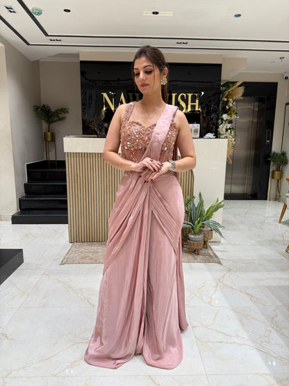 Elegant Onion Pink Satin Drape Saree with Handwork & Designer Cord Blouse