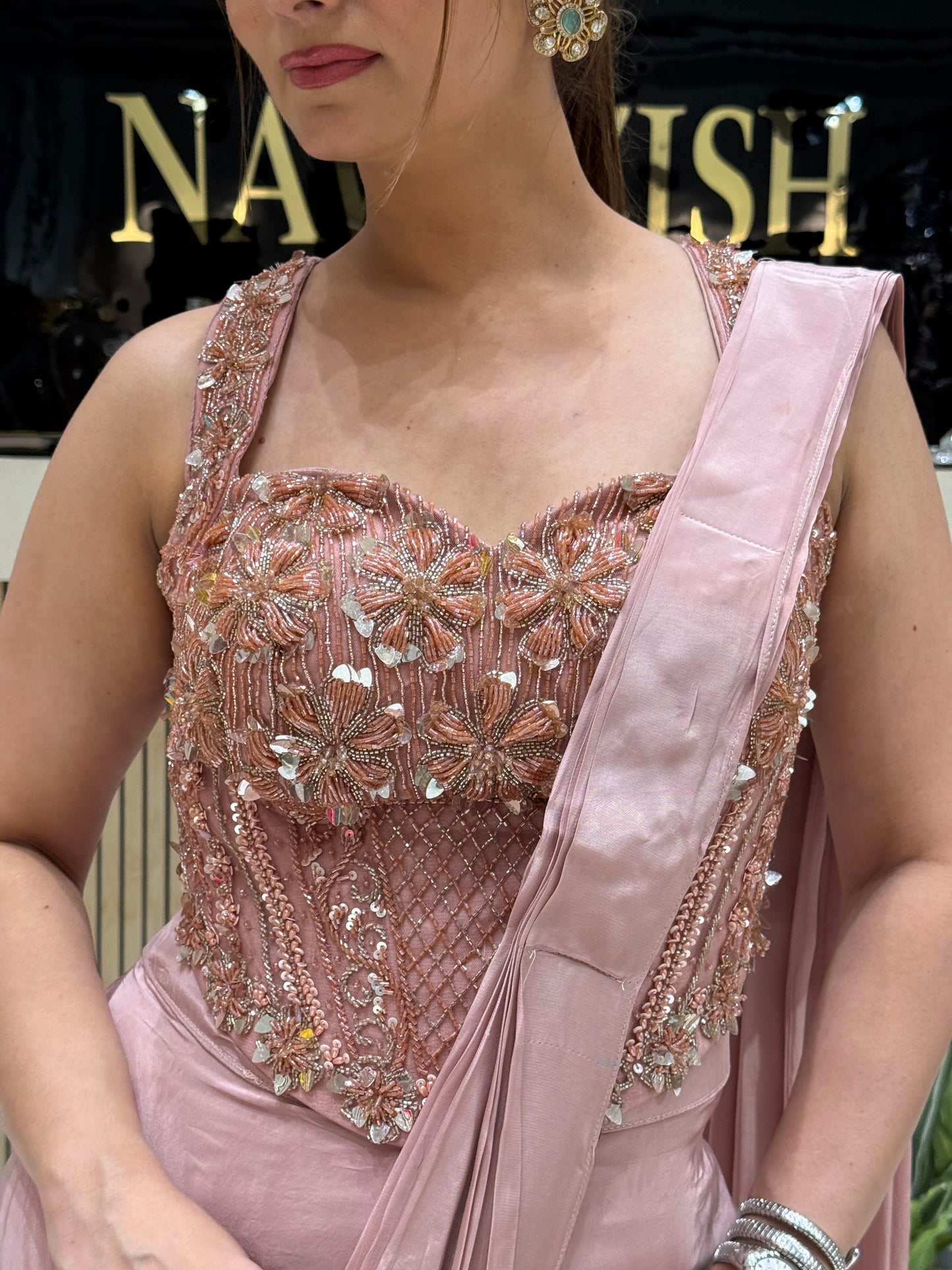 Elegant Onion Pink Satin Drape Saree with Handwork & Designer Cord Blouse