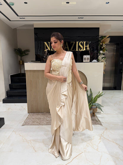 Elegant Beige Drape Saree in Satin with Layered Design & Handwork Blouse