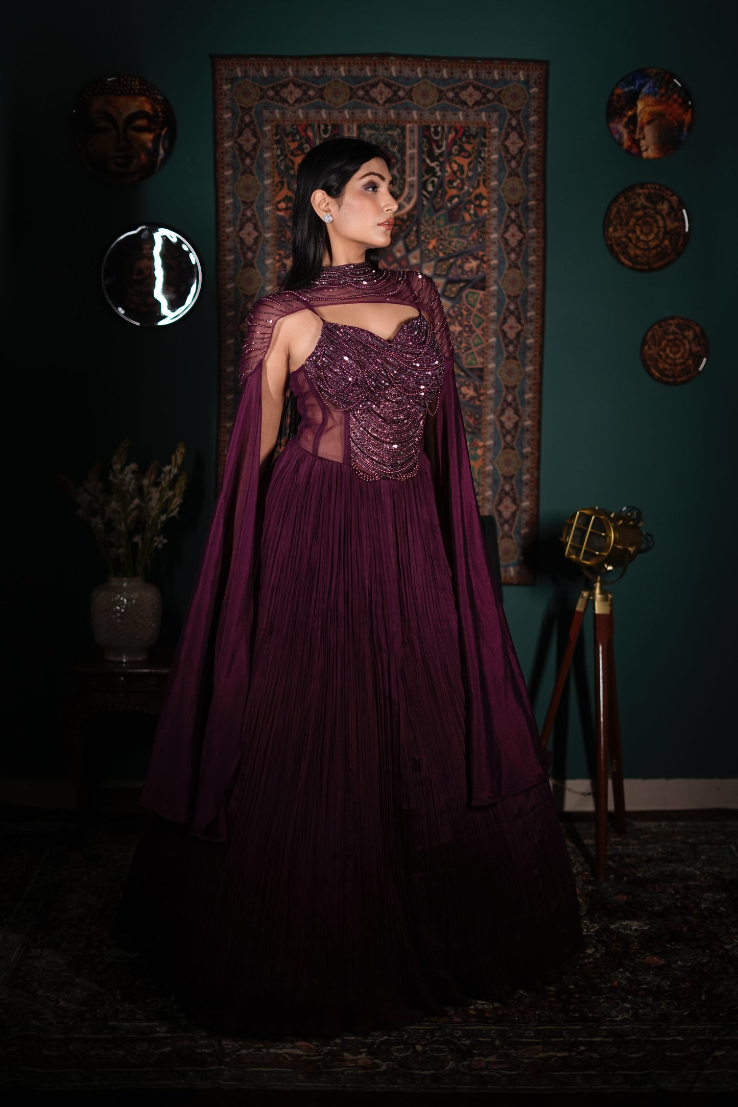 Luxury Wine Cape Dress | Indo Western One Piece Outfit | Embellished Net Blouse with Skirt | Designer Fusion Wear India | Bridal Cocktail Indo Western | Wedding Guest Outfit India | Contemporary Ethnic Wear | Elegant Indo Western Ensemble | Premium Party Wear Women | Couture Indo Western Look
