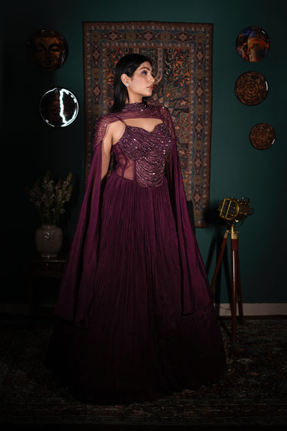Luxury Wine Cape Dress | Indo Western One Piece Outfit | Embellished Net Blouse with Skirt | Designer Fusion Wear India | Bridal Cocktail Indo Western | Wedding Guest Outfit India | Contemporary Ethnic Wear | Elegant Indo Western Ensemble | Premium Party Wear Women | Couture Indo Western Look