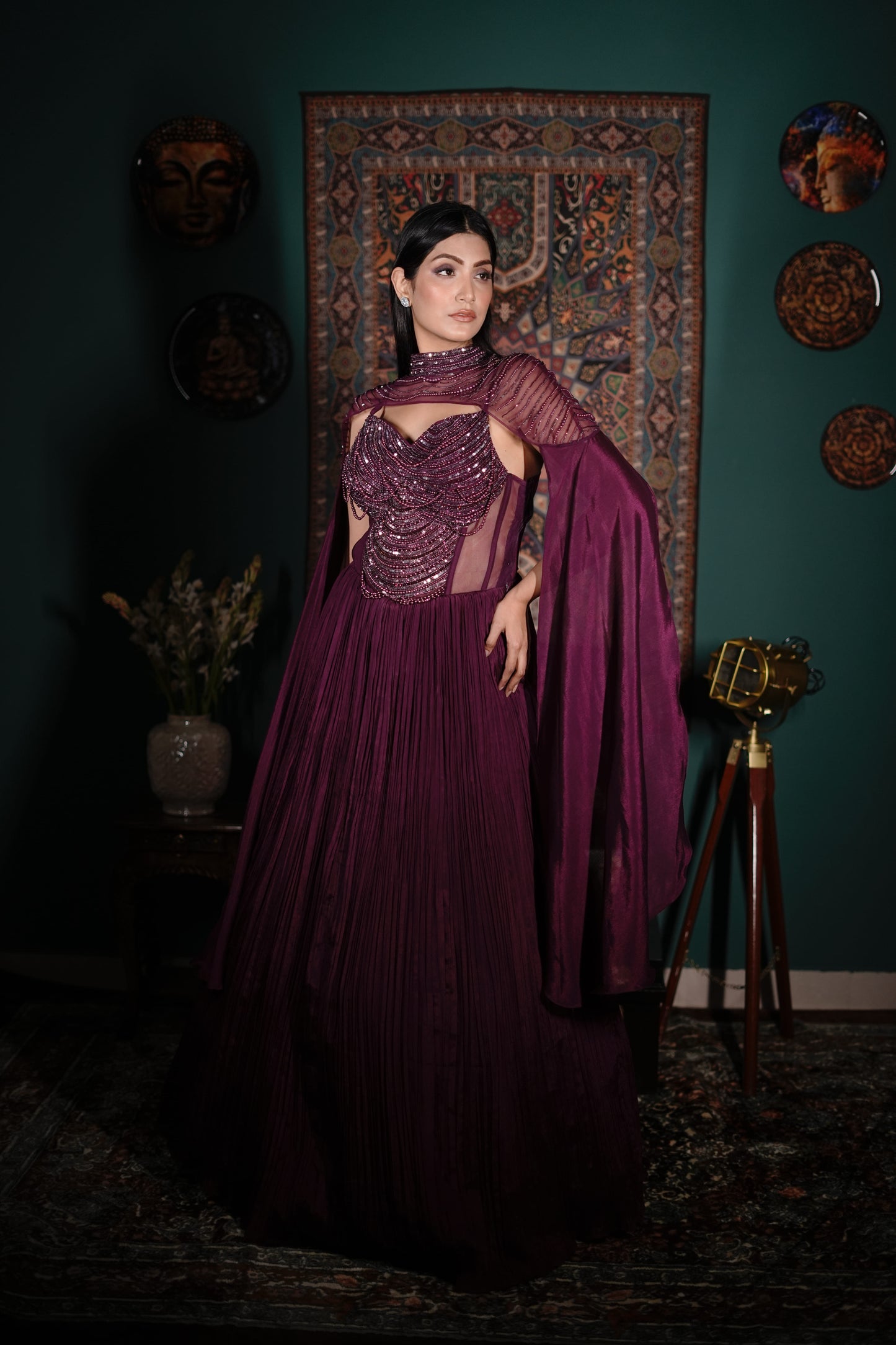 Wine Color Indo Western Gown | Hand Embellished Cape Outfit | Indo Western Dress for Reception | Net Fabric Embellished Top | Lycra Skirt Fusion Outfit | Designer Party Wear India | Modern Bridal Indo Western | Luxury Wedding Wear Women | Indo Western Cape Style Dress | Statement Occasion Wear]