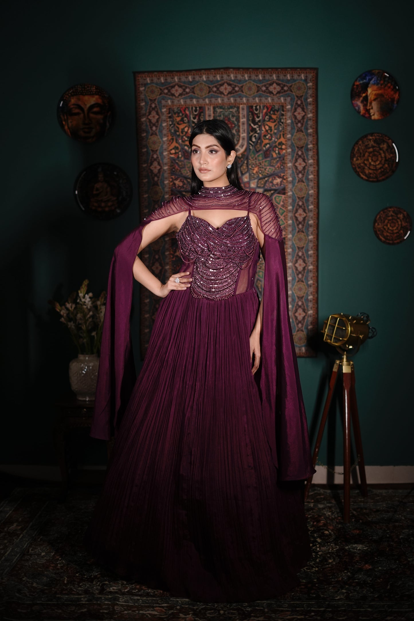 Designer Indo Western Cape Dress | Wine Party Wear Outfit India | Embellished Fusion Wear Women | Indo Western Gown with Cape | Premium Cocktail Outfit India | Elegant Wedding Guest Dress | Modern Ethnic Fusion Look | Couture Indo Western Ensemble | Glamorous Indo Western Style | Reception Ready Outfit]