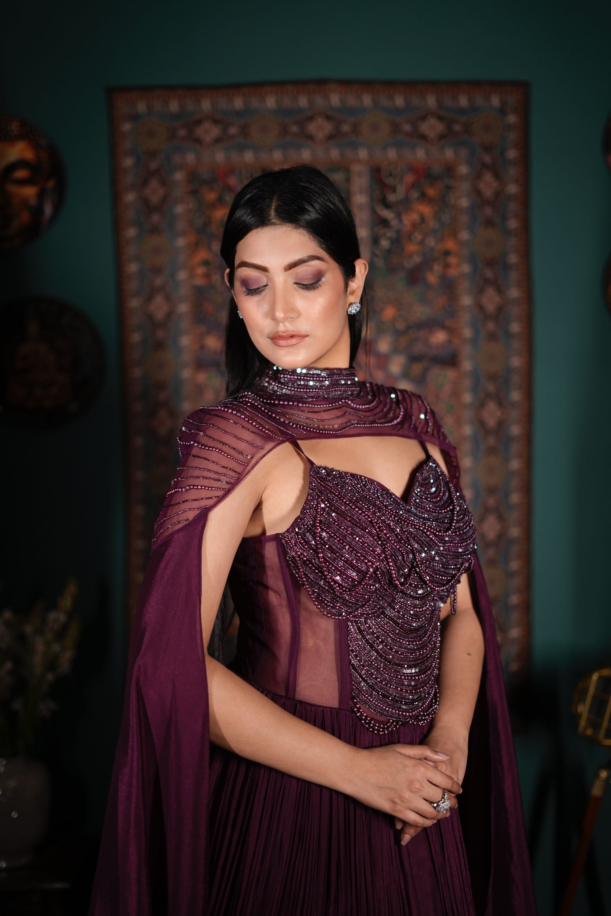 Wine Embellished Indo Western | Indo Western Dress with Cape | Net Top Lycra Skirt Outfit | Luxury Fusion Wear India | Designer One Piece Ethnic | Bridal Party Indo Western Look | Elegant Evening Wear India | High End Indo Western Outfit | Wedding Function Dress Women | Statement Fusion Wear
