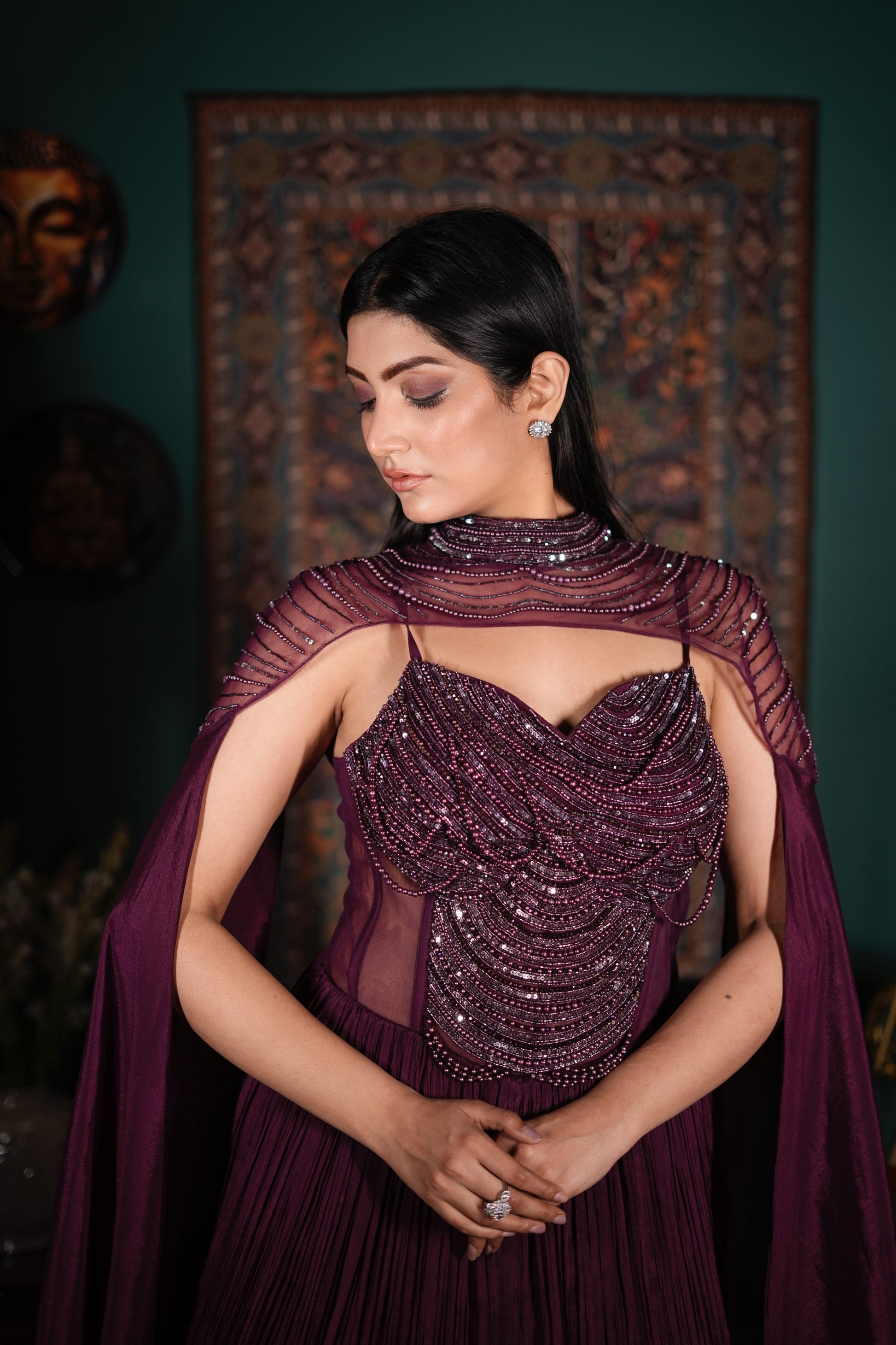 Wine Indo Western Cape Gown | Embellished Net Top Fusion Dress | Lycra Skirt Indo Western Outfit | Designer Wedding Guest Look | Luxury Indo Western Ensemble | Contemporary Bridal Wear India | Cocktail Night Outfit Women | Elegant Fusion Wear Style | Premium Indo Western Fashion | Modern Ethnic Statement