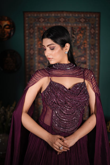Wine Indo Western Cape Gown | Embellished Net Top Fusion Dress | Lycra Skirt Indo Western Outfit | Designer Wedding Guest Look | Luxury Indo Western Ensemble | Contemporary Bridal Wear India | Cocktail Night Outfit Women | Elegant Fusion Wear Style | Premium Indo Western Fashion | Modern Ethnic Statement
