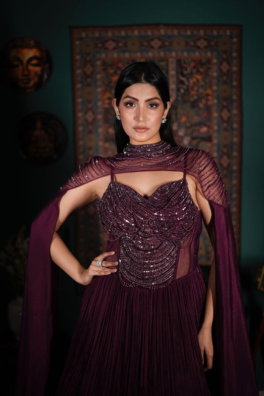 Wine Indo Western Dress | Designer Indo Western Gown | Cape Style Outfit India | Embellished Net Top Dress | Lycra Skirt Fusion Wear | Luxury Indo Western for Wedding | Reception Outfit for Women | Statement Indo Western Look | Cocktail Party Dress India | Modern Ethnic Glam Outfit