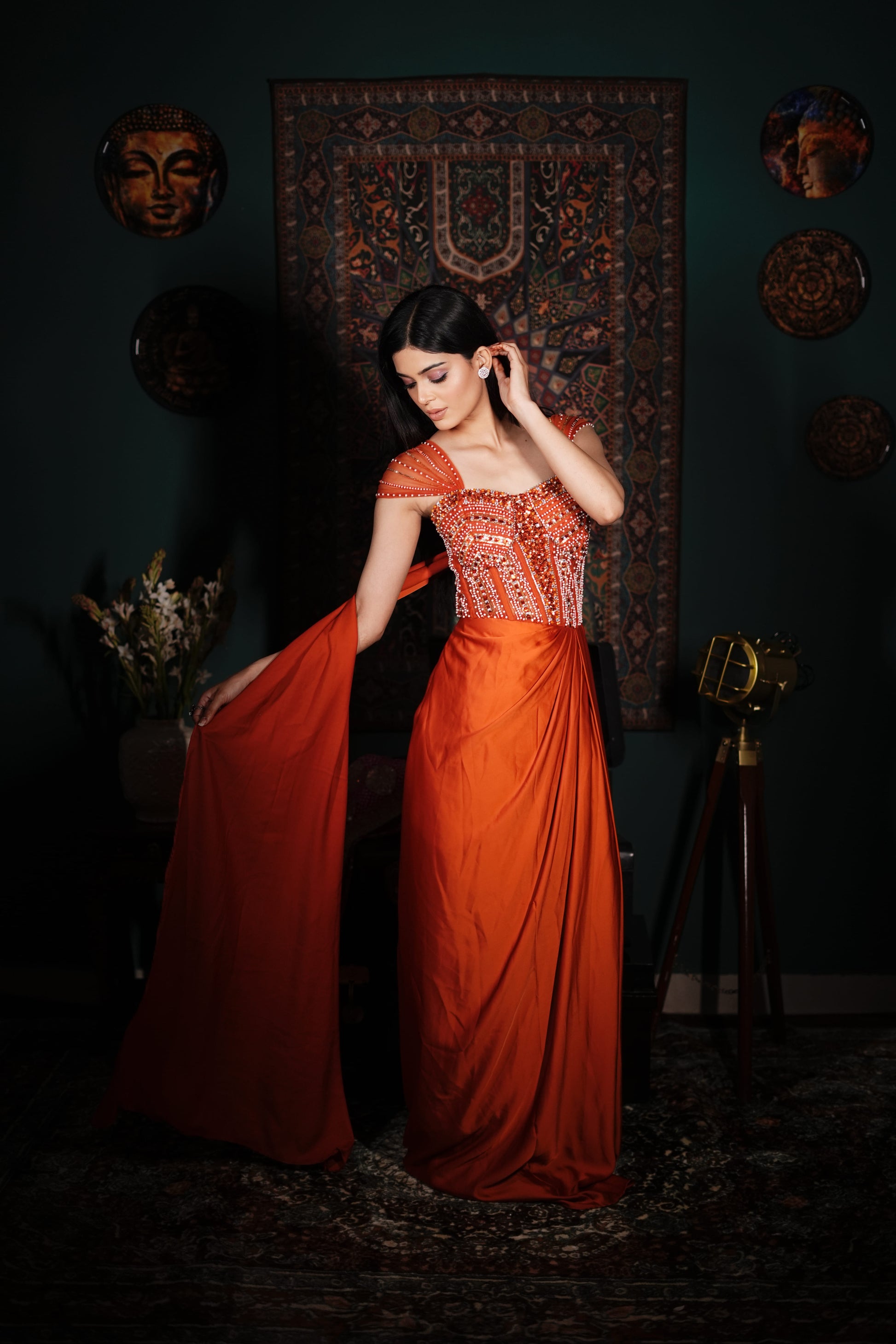 Orange Indo Western Gown | Hand Embellished Dress | Bridesmaid Outfit India | Lycra One Piece Dress | Designer Party Wear India | Wedding Guest Dress Women | Modern Ethnic Outfit | Indo Western Fashion India | Cocktail Party Dress | Statement Occasion Wear