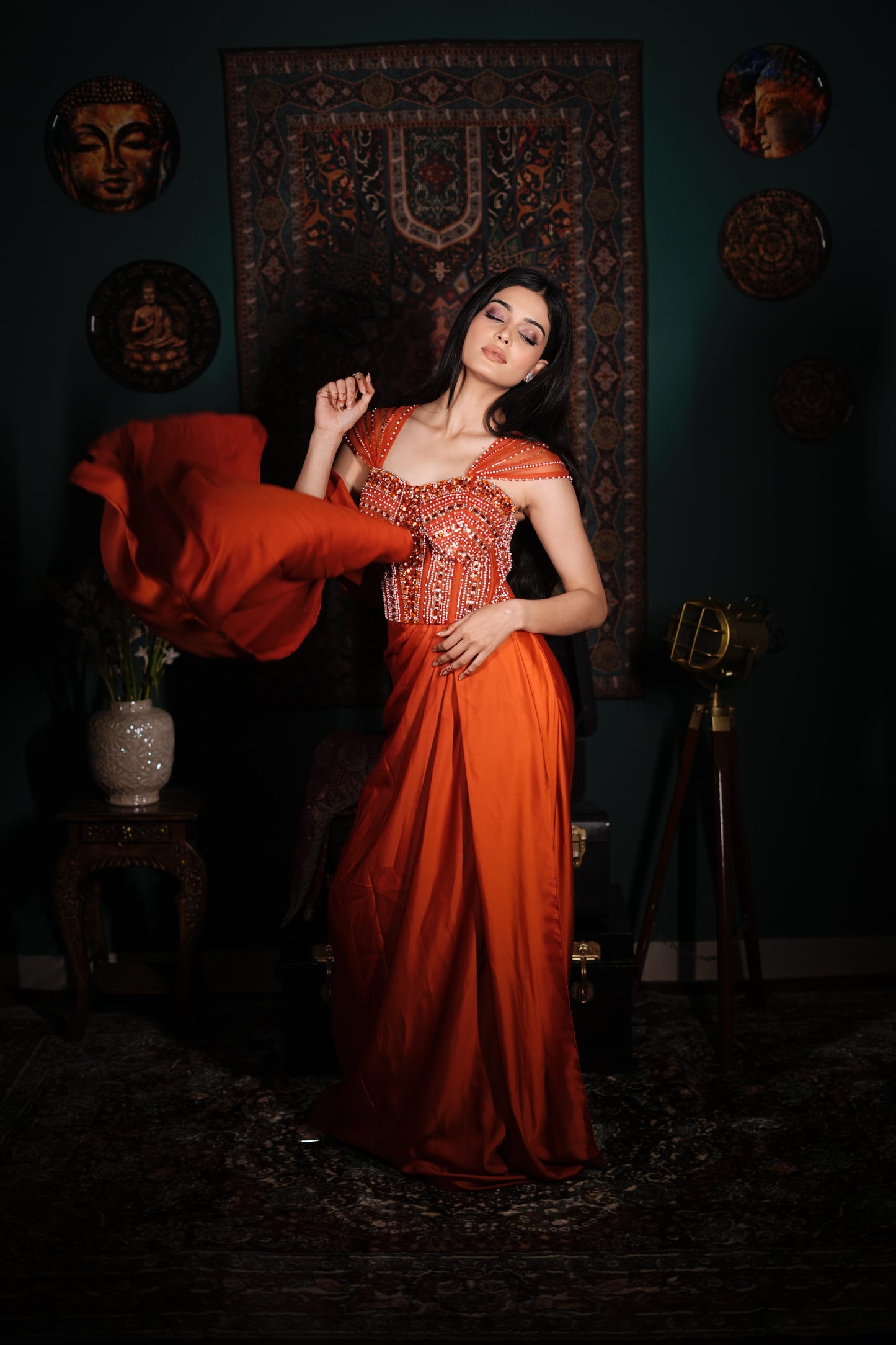 Orange Party Wear Dress | Indo Western One Piece | Embellished Ethnic Dress India | Bridesmaid Dress Outfit | Designer Fusion Wear | Wedding Function Outfit | Elegant Indo Western Look | Contemporary Ethnic Wear | Premium Party Wear | Indian Occasion Wear]