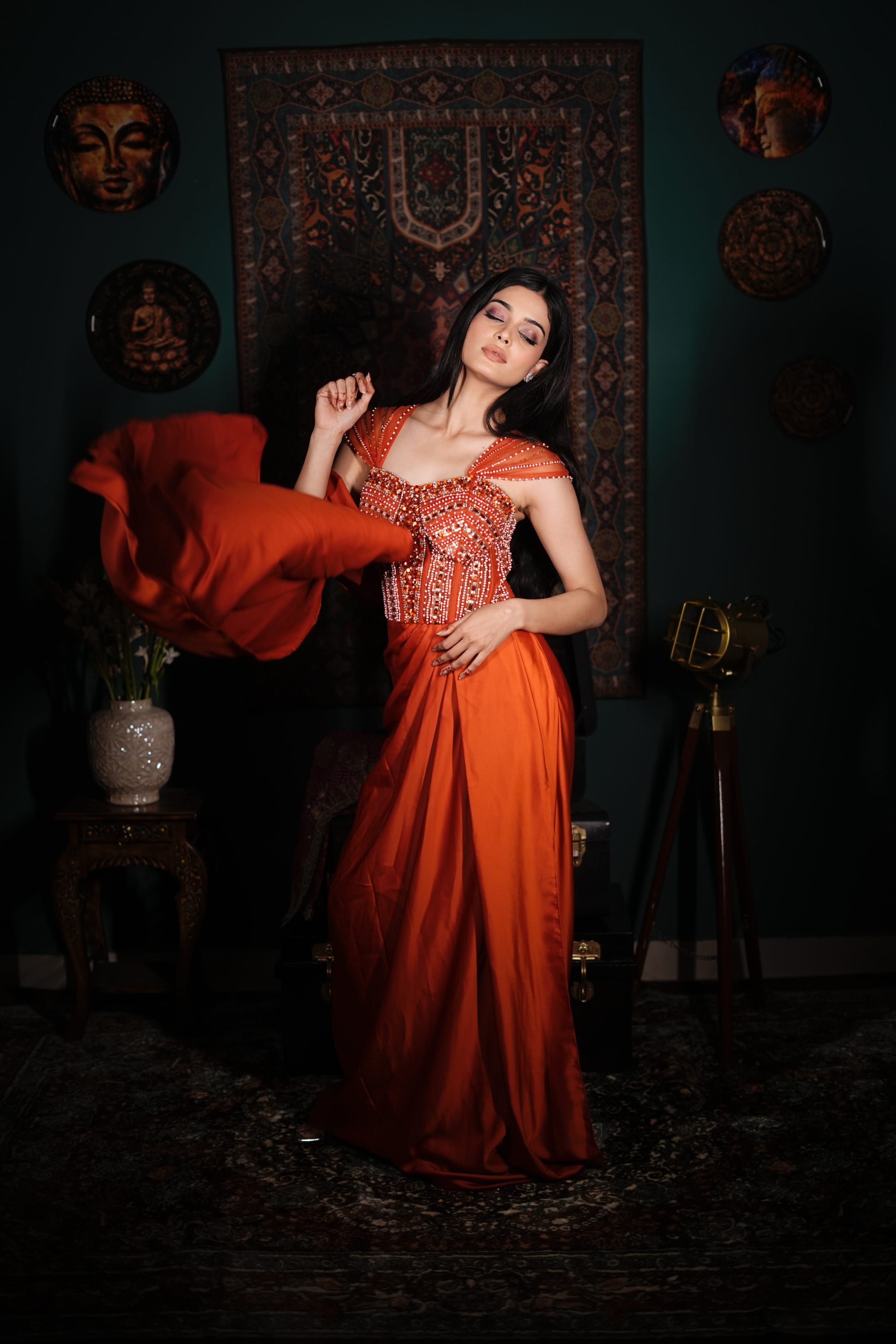 Orange Party Wear Dress | Indo Western One Piece | Embellished Ethnic Dress India | Bridesmaid Dress Outfit | Designer Fusion Wear | Wedding Function Outfit | Elegant Indo Western Look | Contemporary Ethnic Wear | Premium Party Wear | Indian Occasion Wear]