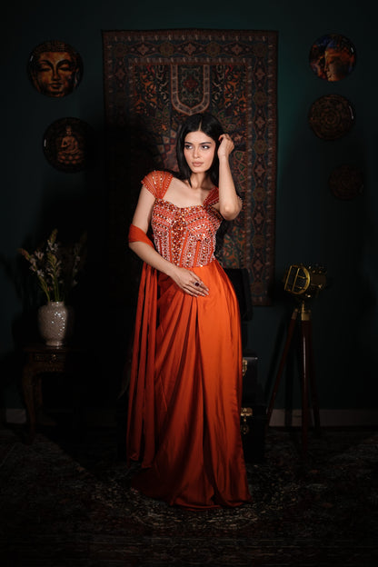 Orange Indo Western Dress | Bridesmaid Outfit India | One Piece Party Wear Women | Embellished Top Dress | Lycra Fusion Wear | Wedding Guest Outfit | Cocktail Dress India | Modern Ethnic Wear | Birthday Party Dress Women | Statement Indo Western