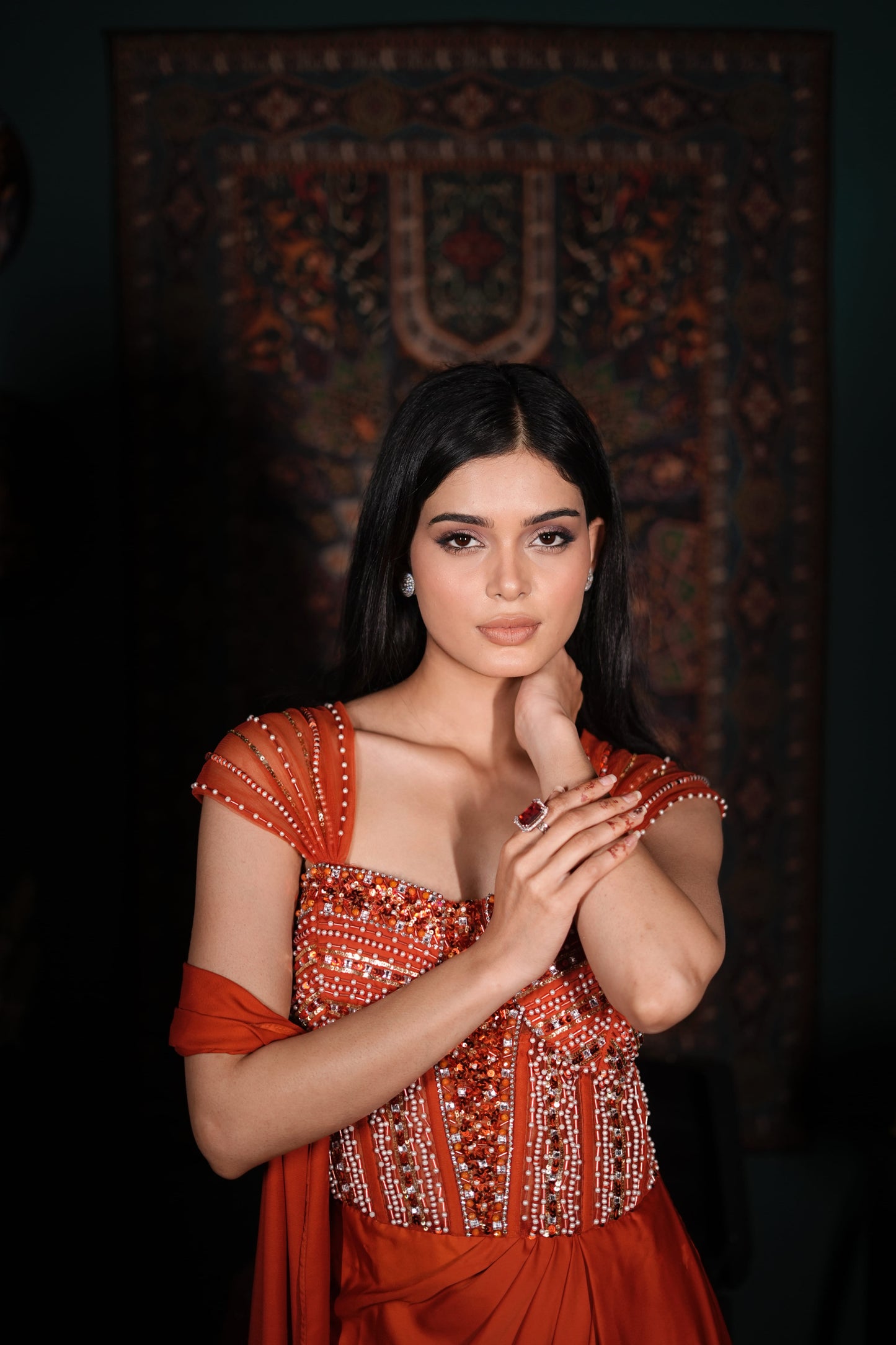 Designer Orange Indo Western | One Piece Ethnic Dress | Embellished Party Wear Women | Indo Western Bridesmaid Look | Luxury Fusion Wear India | Wedding Celebration Outfit | Elegant Party Dress India | Contemporary Ethnic Style | Glam Indo Western Outfit | Birthday Party Wear