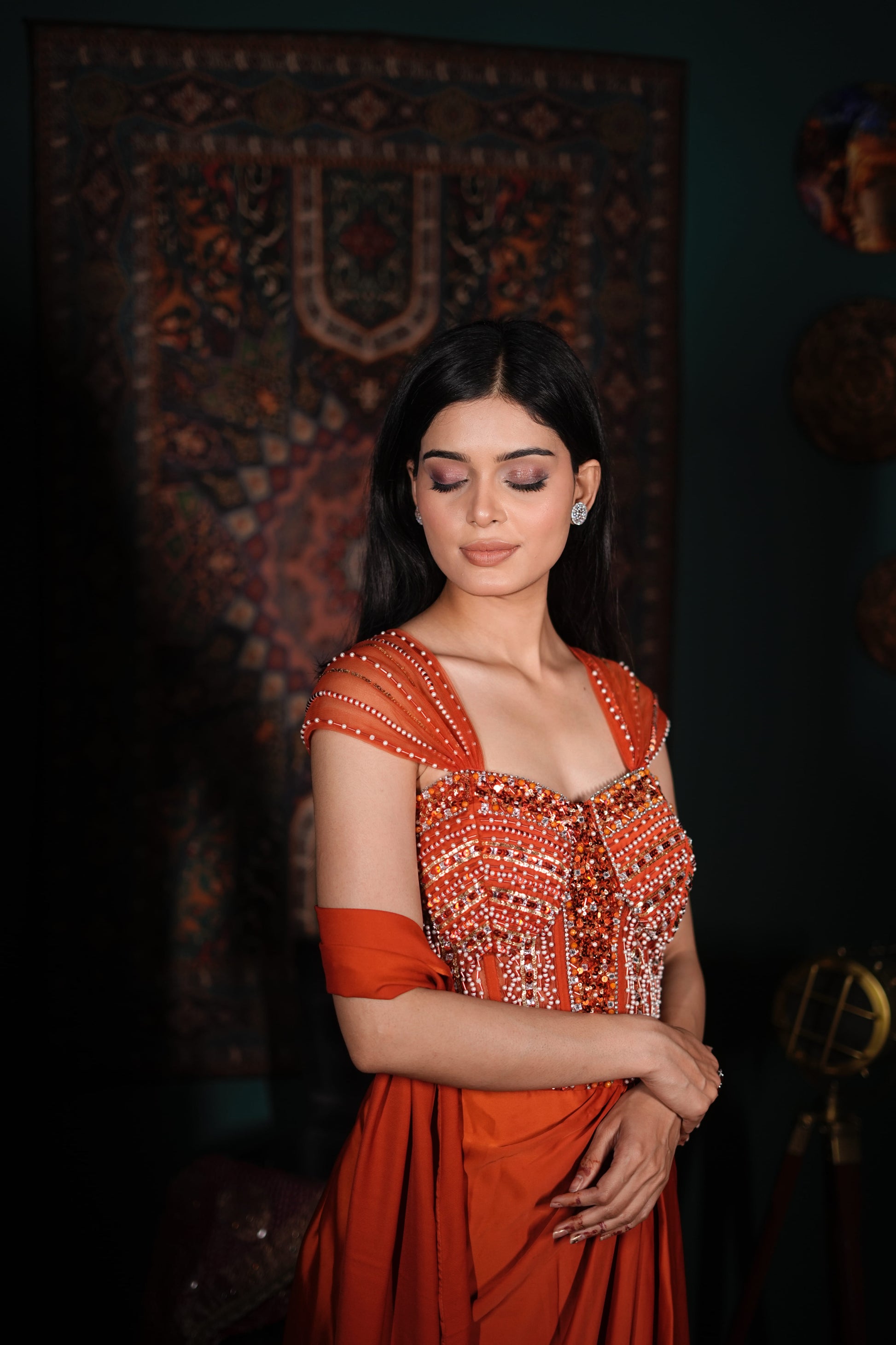 Orange Embellished Dress | Indo Western Party Outfit | Bridesmaid Dress India | One Piece Lycra Dress | Designer Wedding Guest Look | Premium Indo Western Wear | Cocktail Night Outfit | Modern Ethnic Dress Women | Statement Party Wear | Indian Fusion Fashion