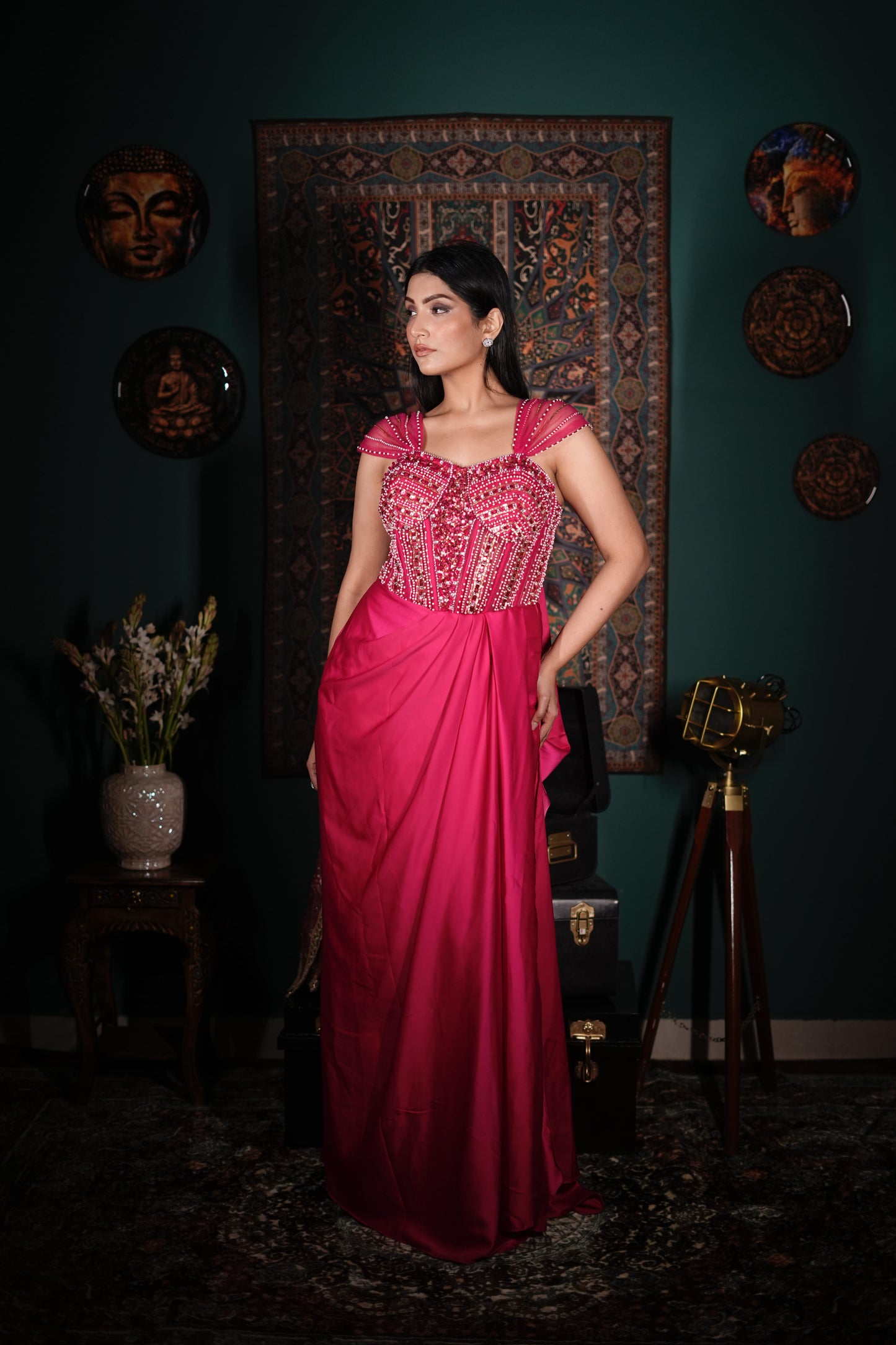 Trendy Indo-Western Outfit | Rani Pink Handworked Dress | Budget-Friendly Festive Fashion | Indo-Western Cocktail Wear | Chic Ethnic Glam Outfit | Affordable Couture Style
