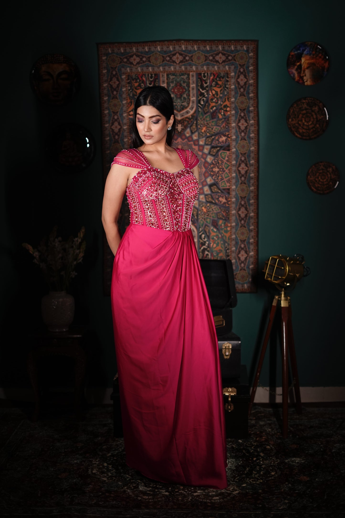 Hot Pink Party Wear Dress | Handcrafted Embellished Indo-Western | Affordable Luxury Fashion India | Wedding Function Outfit | Modern Ethnic Statement Look | Designer Fusion Wear