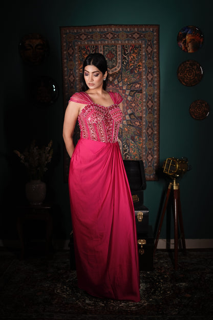 Hot Pink Party Wear Dress | Handcrafted Embellished Indo-Western | Affordable Luxury Fashion India | Wedding Function Outfit | Modern Ethnic Statement Look | Designer Fusion Wear