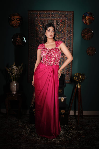 Hot Pink Ethnic Fusion Wear | Intricate Hand Embroidery Dress | Budget-Friendly Designer Indo-Western | Modern Indian Party Outfit | Cocktail Night Fashion | Luxury Ethnic Glam