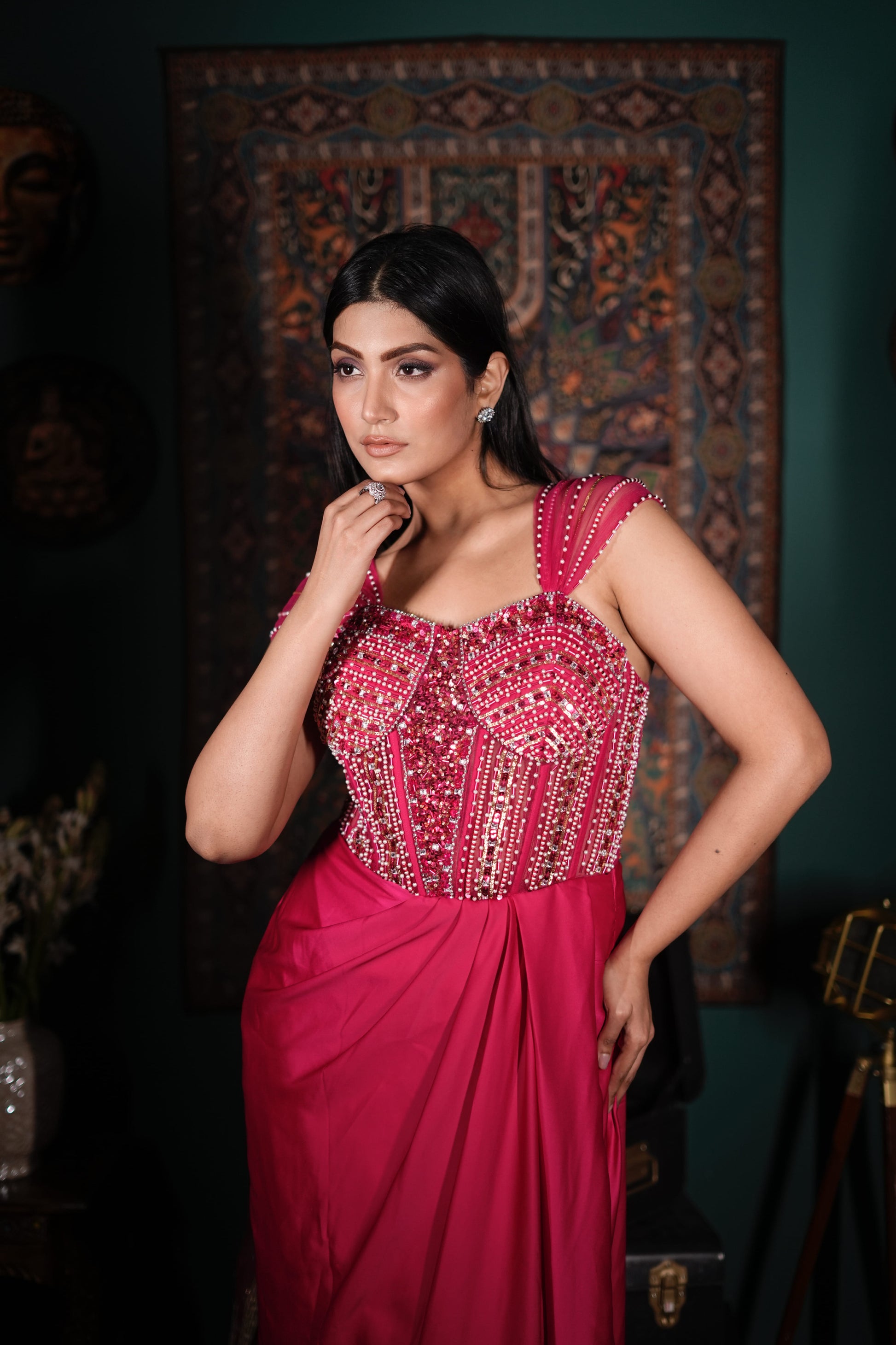 Rani Pink Fusion Dress | Handworked Indo-Western Ensemble | Affordable Wedding Guest Outfit | Glam Ethnic Party Wear | Statement Indo-Western Fashion | Premium Look Under Budget