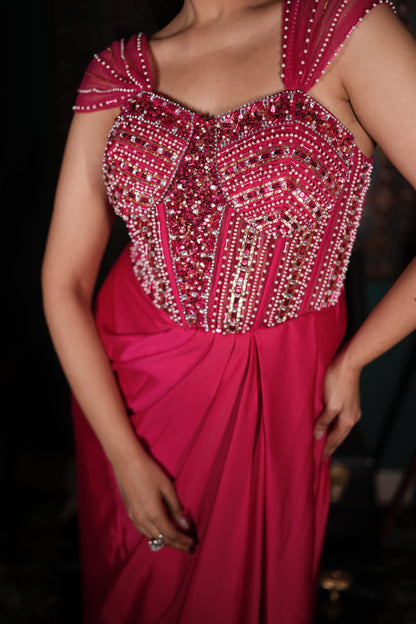 Hot Pink Indo-Western Dress | Hand-Embellished Fusion Wear | Affordable Designer Outfit | Indo-Western Party Wear for Women | Budget-Friendly Luxury Ethnic Wear | Trendy Sangeet Cocktail Outfit