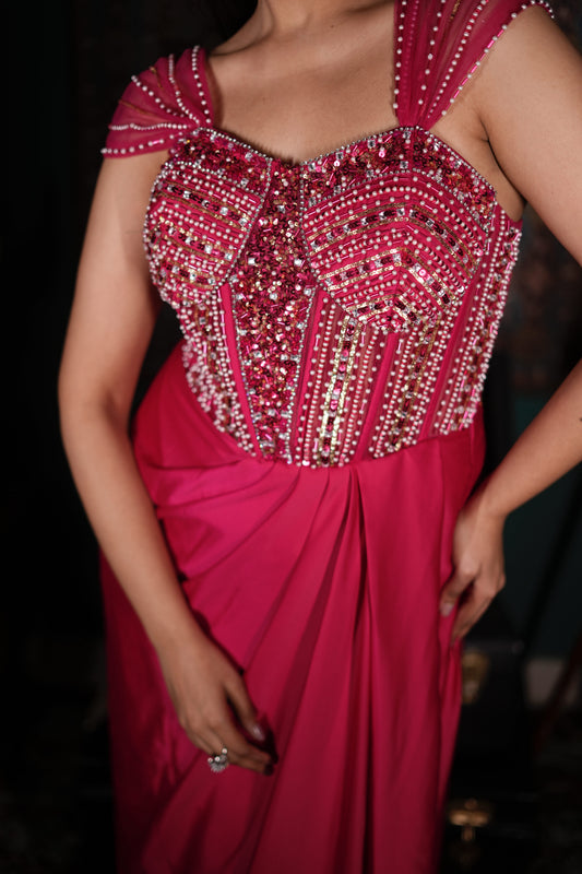 Hot Pink Indo-Western Dress | Hand-Embellished Fusion Wear | Affordable Designer Outfit | Indo-Western Party Wear for Women | Budget-Friendly Luxury Ethnic Wear | Trendy Sangeet Cocktail Outfit