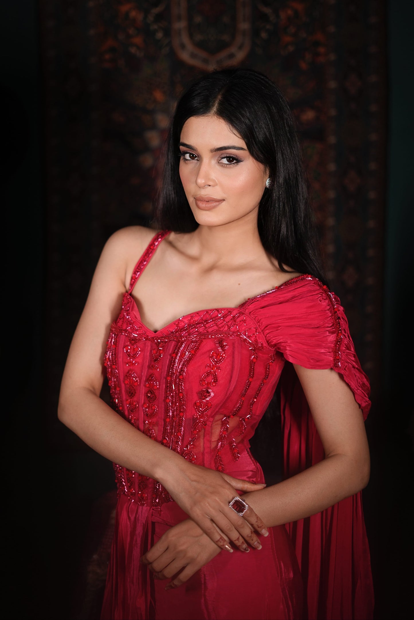 Hot Pink Indo-Western Dress | Hand-Embellished Corset Set | Luxury Fusion Wear | Cocktail Party Outfit | Trendy Wedding Guest Look